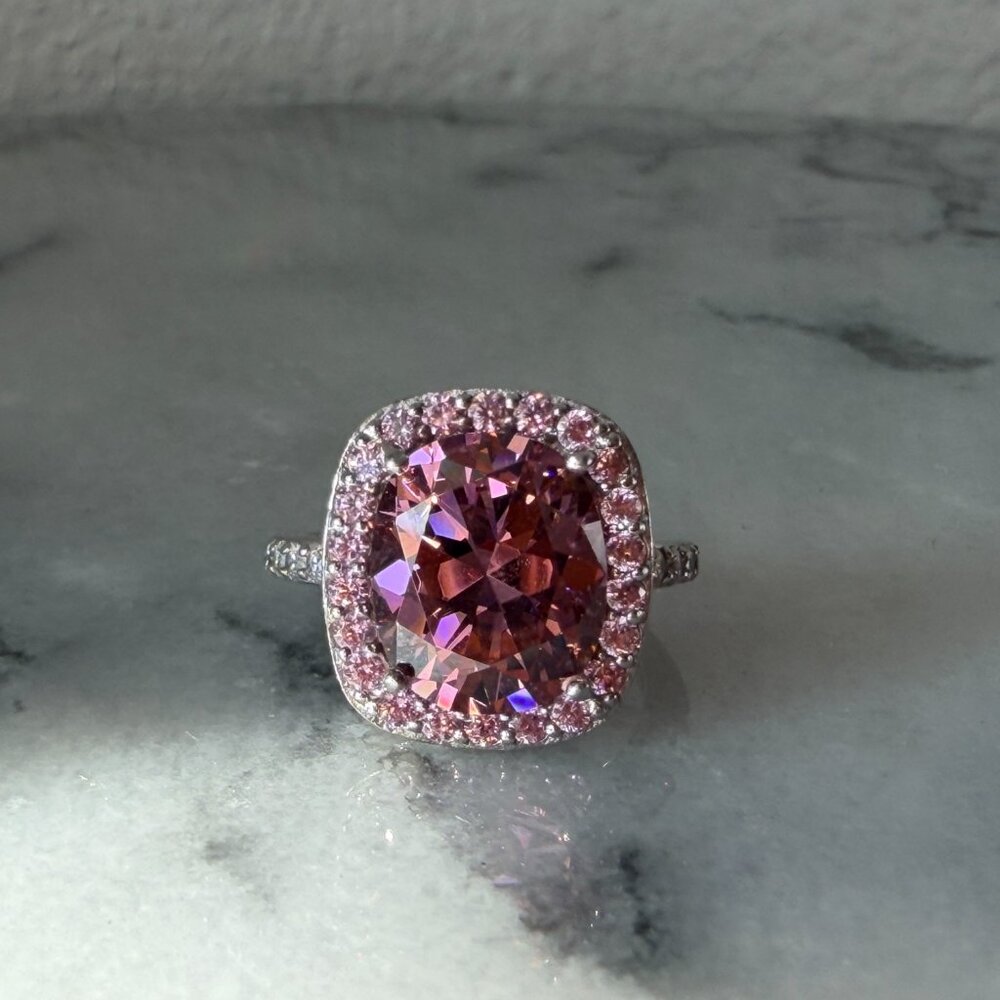 RARE Jean Dousset Sterling Simulated Pink Tourmaline Cushion Cut Halo Ring - 6